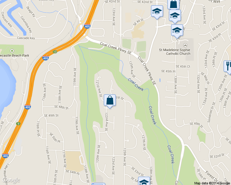 map of restaurants, bars, coffee shops, grocery stores, and more near 12309 SE 46th Ct in Bellevue