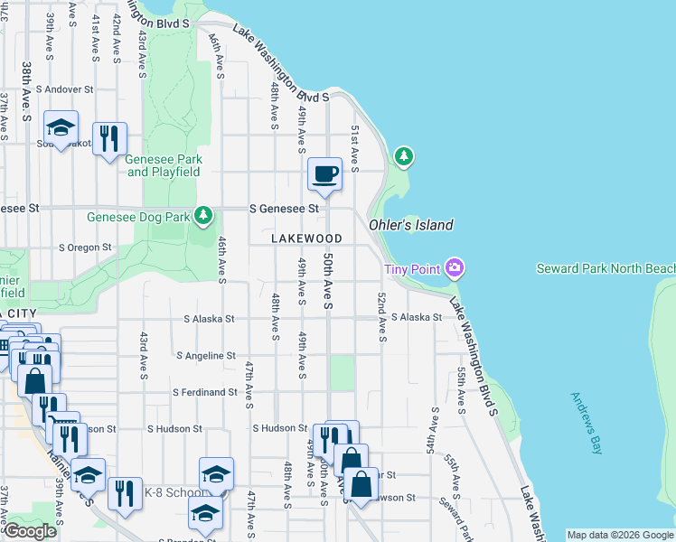 map of restaurants, bars, coffee shops, grocery stores, and more near 4531 50th Avenue South in Seattle