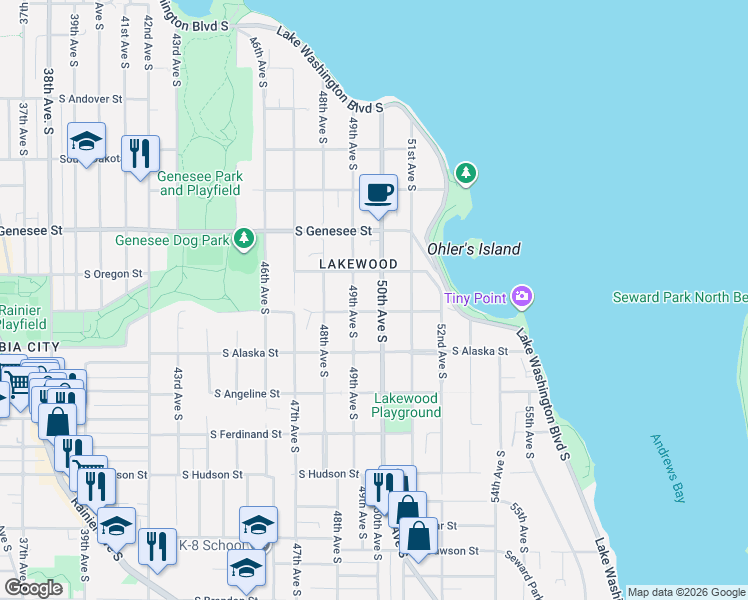 map of restaurants, bars, coffee shops, grocery stores, and more near 4531 50th Avenue South in Seattle
