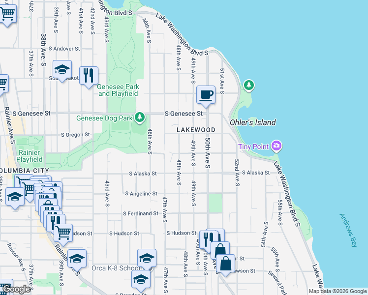 map of restaurants, bars, coffee shops, grocery stores, and more near 4535 49th Avenue South in Seattle