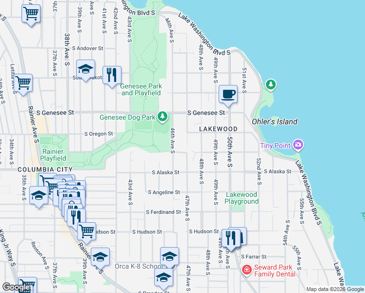 map of restaurants, bars, coffee shops, grocery stores, and more near 4532 46th Avenue South in Seattle