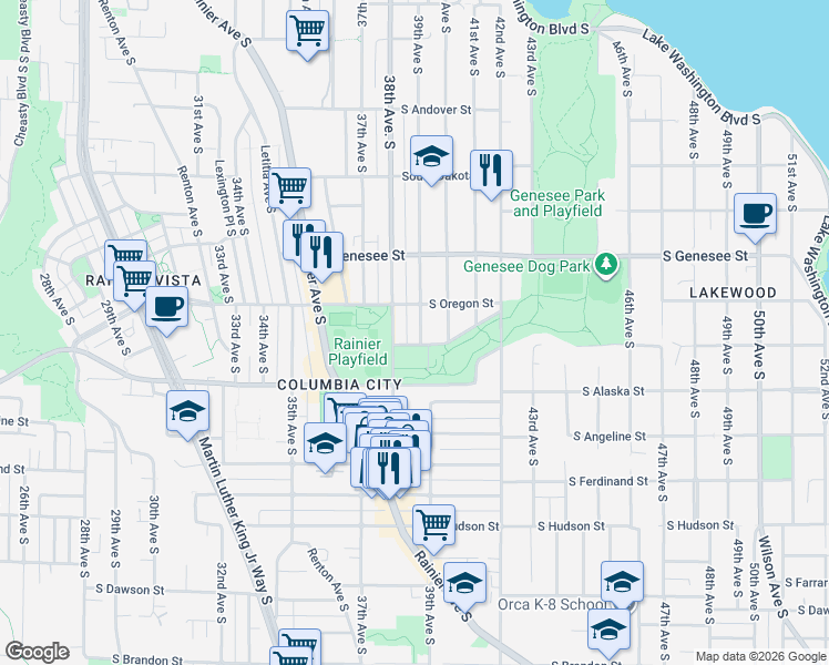 map of restaurants, bars, coffee shops, grocery stores, and more near 4526 38th Avenue South in Seattle