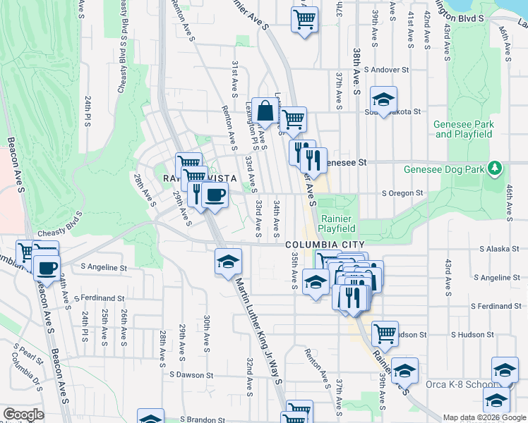 map of restaurants, bars, coffee shops, grocery stores, and more near 4528 33rd Avenue South in Seattle
