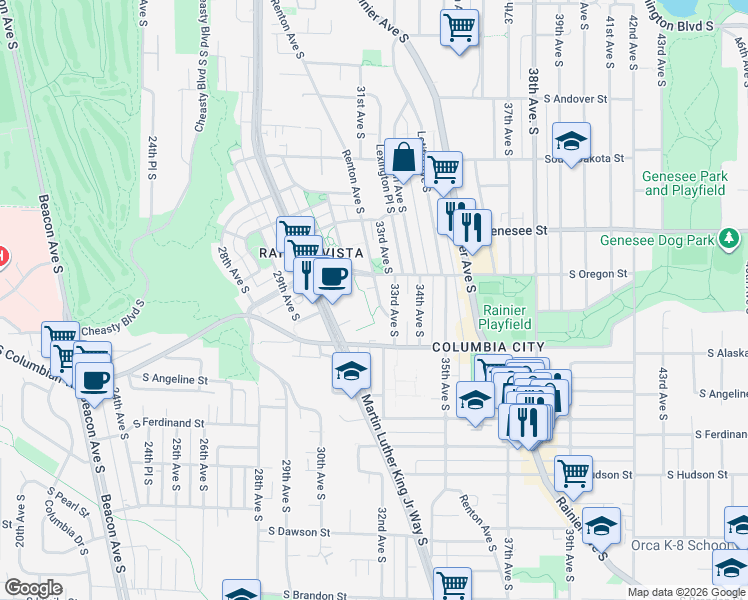map of restaurants, bars, coffee shops, grocery stores, and more near 4521 Renton Avenue South in Seattle