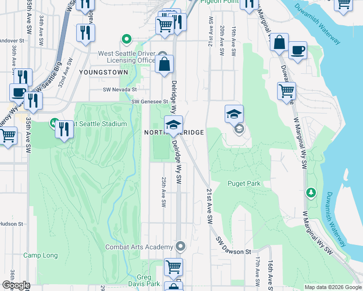 map of restaurants, bars, coffee shops, grocery stores, and more near 4534 Delridge Way Southwest in Seattle
