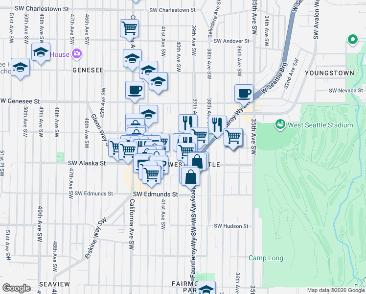 map of restaurants, bars, coffee shops, grocery stores, and more near 4555 39th Avenue Southwest in Seattle