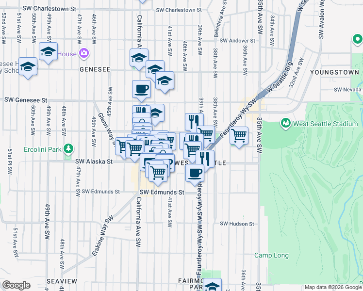 map of restaurants, bars, coffee shops, grocery stores, and more near 4529 40th Avenue Southwest in Seattle