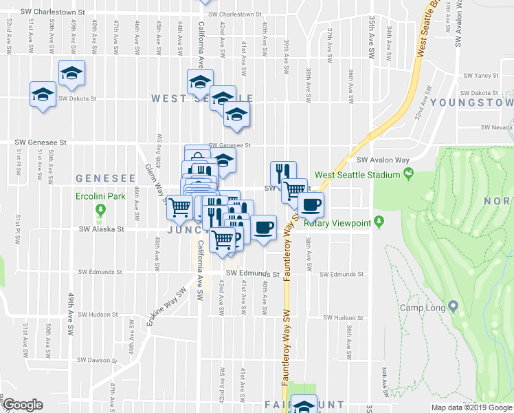 map of restaurants, bars, coffee shops, grocery stores, and more near 4529 40th Avenue Southwest in Seattle