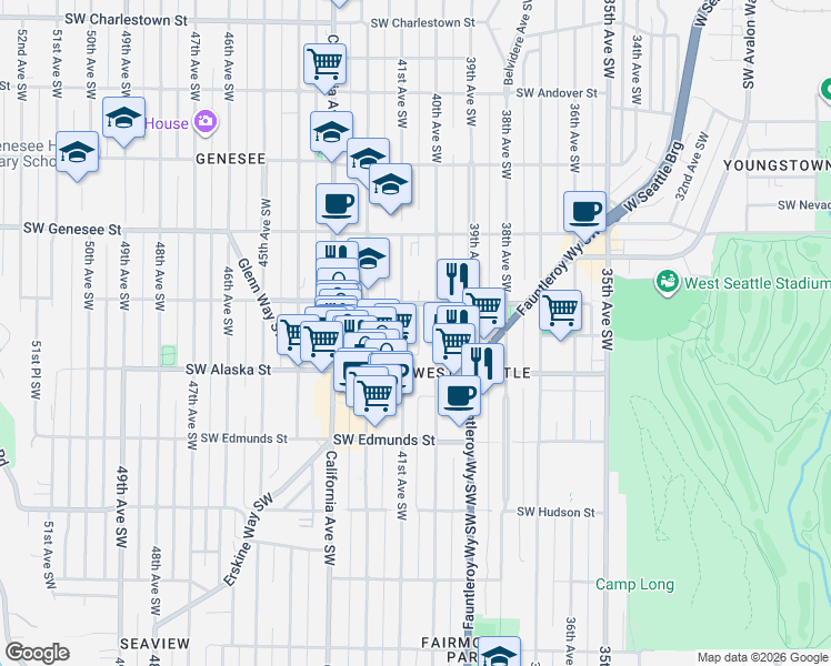 map of restaurants, bars, coffee shops, grocery stores, and more near 4529 40th Avenue Southwest in Seattle