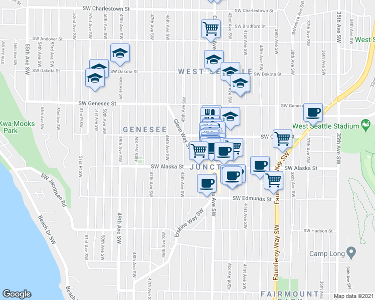 map of restaurants, bars, coffee shops, grocery stores, and more near 4527 45th Avenue Southwest in Seattle