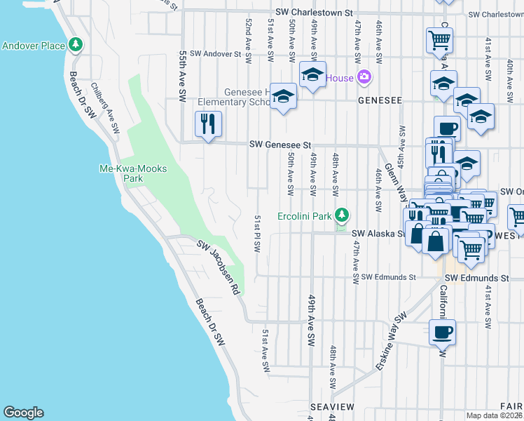map of restaurants, bars, coffee shops, grocery stores, and more near 4535 51st Place Southwest in Seattle