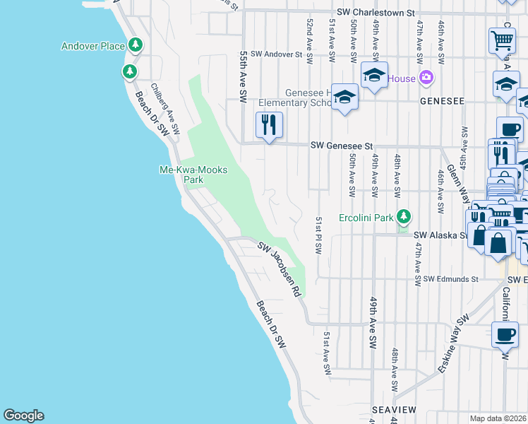 map of restaurants, bars, coffee shops, grocery stores, and more near 4535 54th Avenue Southwest in Seattle