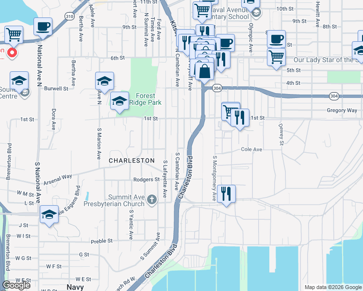 map of restaurants, bars, coffee shops, grocery stores, and more near 2812 Coontz Street in Bremerton