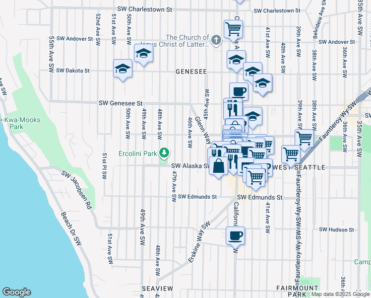 map of restaurants, bars, coffee shops, grocery stores, and more near 4527 46th Avenue Southwest in Seattle