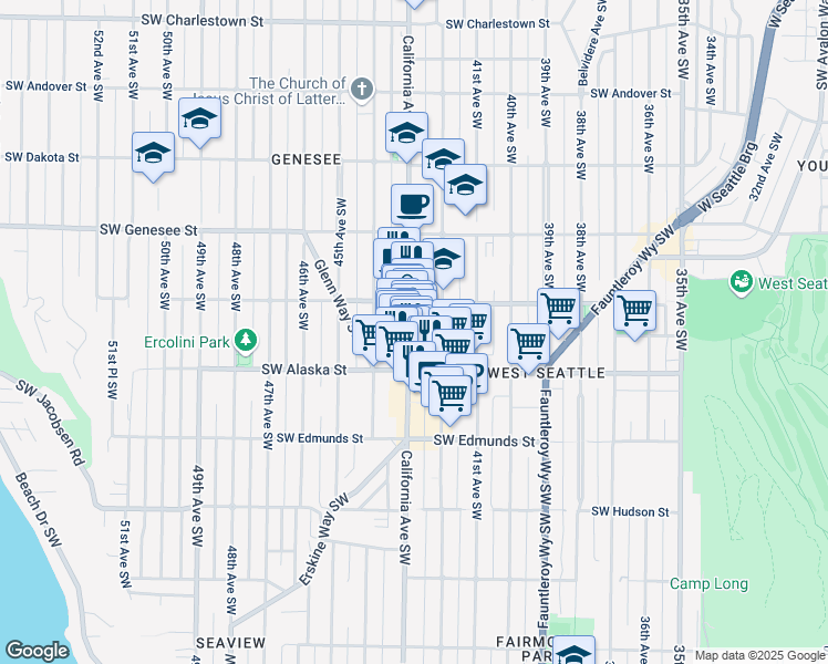 map of restaurants, bars, coffee shops, grocery stores, and more near 4528 California Avenue Southwest in Seattle
