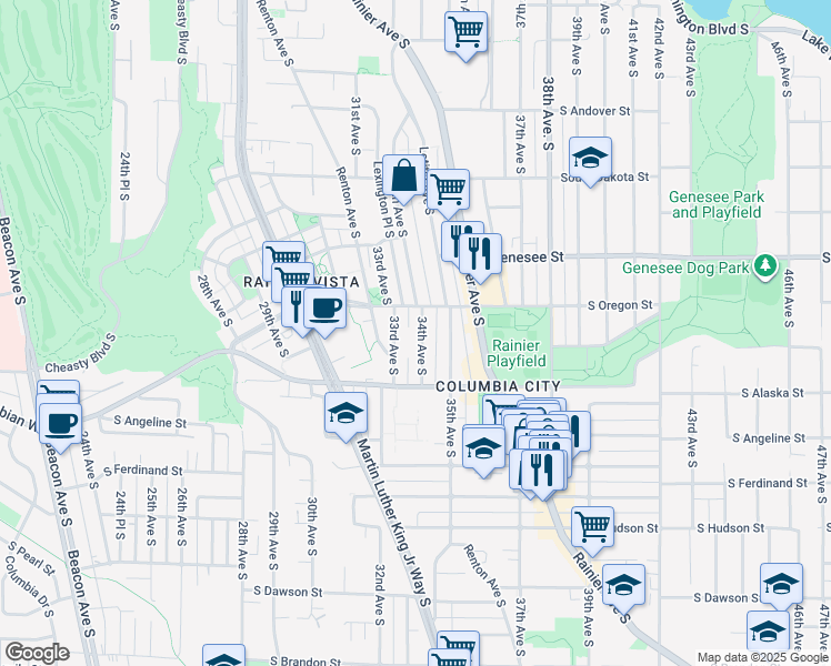 map of restaurants, bars, coffee shops, grocery stores, and more near 4528 33rd Avenue South in Seattle