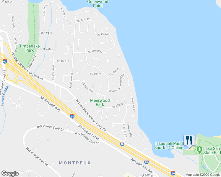 map of restaurants, bars, coffee shops, grocery stores, and more near 19206 Southeast 46th Street in Issaquah