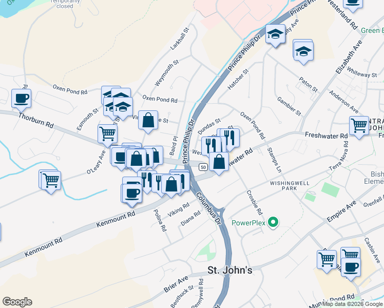 map of restaurants, bars, coffee shops, grocery stores, and more near 55 Wexford Street in St. John's