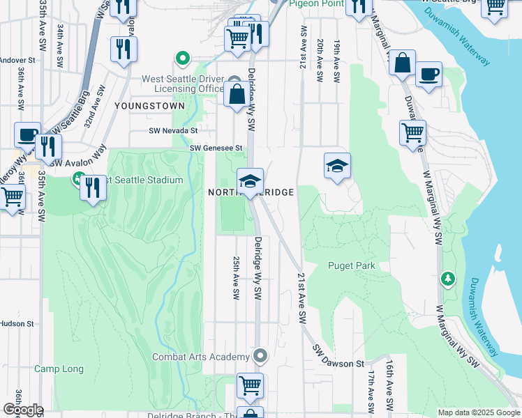 map of restaurants, bars, coffee shops, grocery stores, and more near 4534 Delridge Way Southwest in Seattle