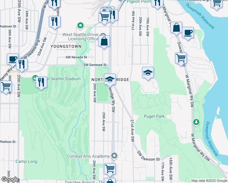 map of restaurants, bars, coffee shops, grocery stores, and more near 4534 Delridge Way Southwest in Seattle
