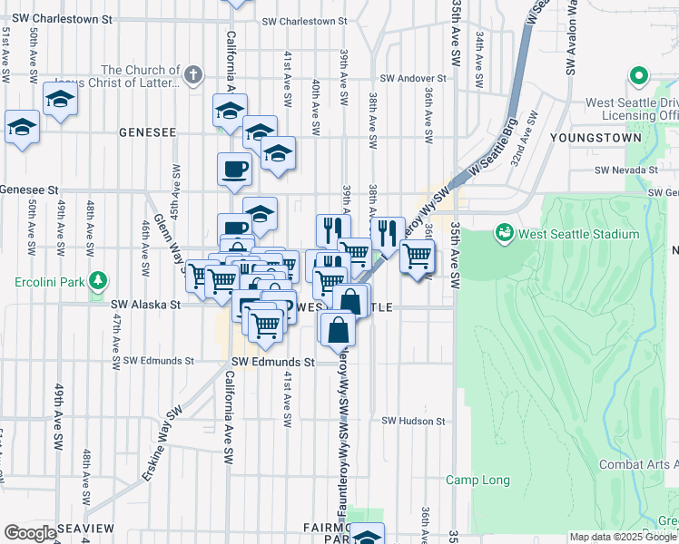 map of restaurants, bars, coffee shops, grocery stores, and more near 4555 39th Avenue Southwest in Seattle