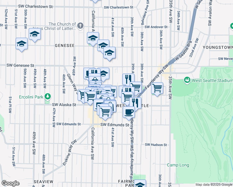 map of restaurants, bars, coffee shops, grocery stores, and more near 4529 40th Avenue Southwest in Seattle