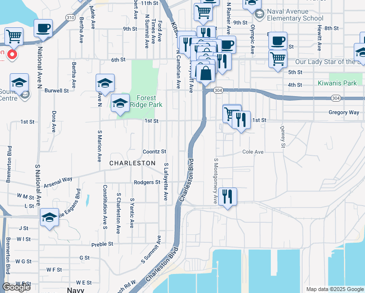 map of restaurants, bars, coffee shops, grocery stores, and more near 2812 Coontz Street in Bremerton