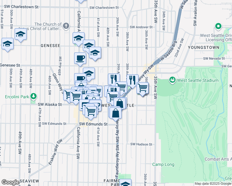 map of restaurants, bars, coffee shops, grocery stores, and more near 4555 39th Avenue Southwest in Seattle