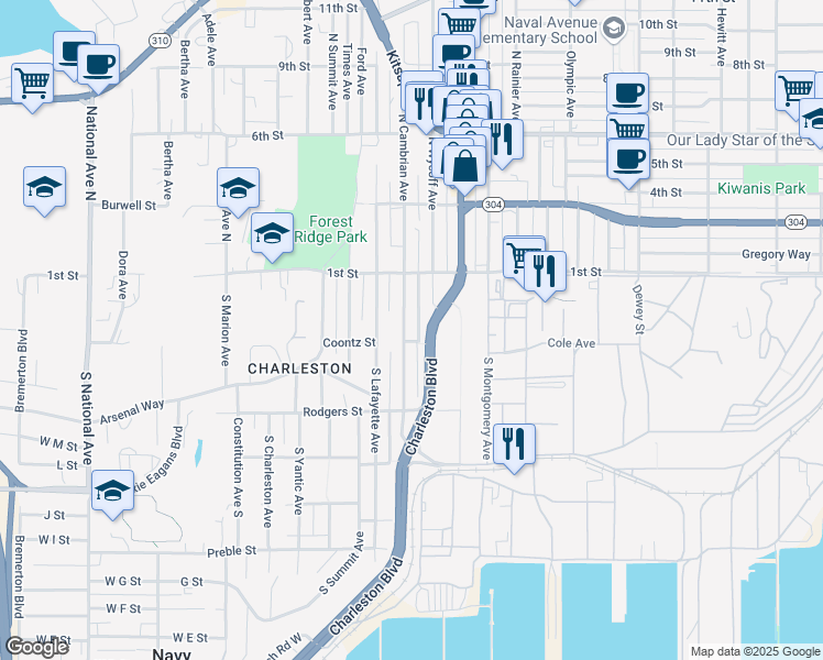 map of restaurants, bars, coffee shops, grocery stores, and more near 140 South Cambrian Avenue in Bremerton