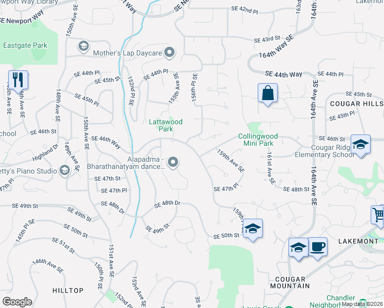 map of restaurants, bars, coffee shops, grocery stores, and more near 15723 Southeast 46th Way in Bellevue
