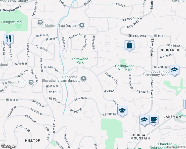 map of restaurants, bars, coffee shops, grocery stores, and more near 15723 Southeast 46th Way in Bellevue