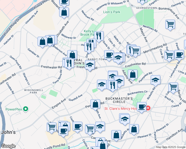 map of restaurants, bars, coffee shops, grocery stores, and more near 10 Grenfell Avenue in St. John's