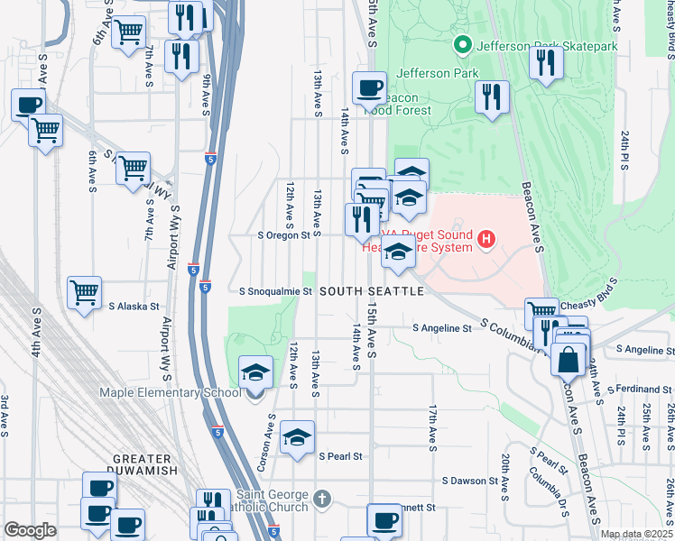 map of restaurants, bars, coffee shops, grocery stores, and more near 4548 14th Avenue South in Seattle