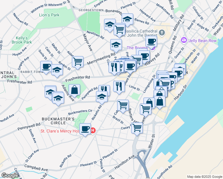 map of restaurants, bars, coffee shops, grocery stores, and more near 32 Gear Street in St. John's