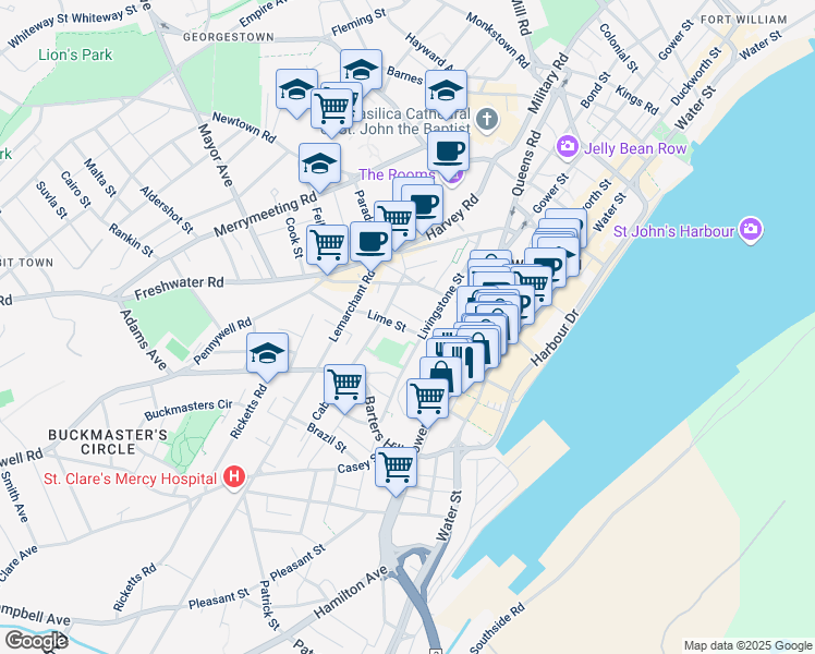 map of restaurants, bars, coffee shops, grocery stores, and more near 70 Lime Street in St. John's
