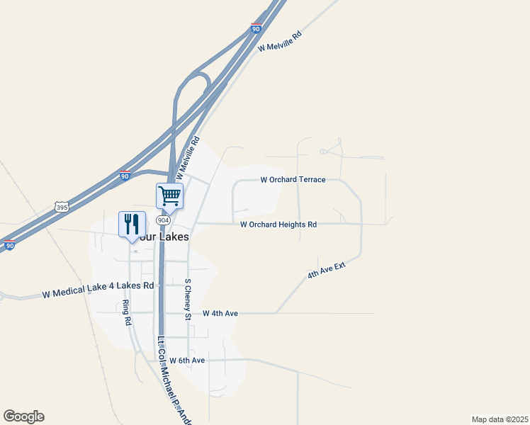 map of restaurants, bars, coffee shops, grocery stores, and more near 12504 West Orchard Heights Road in Cheney