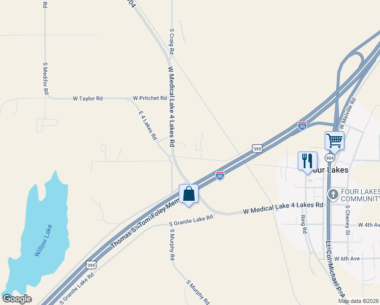 map of restaurants, bars, coffee shops, grocery stores, and more near 13914 West Medical Lake 4 Lakes Road in Cheney
