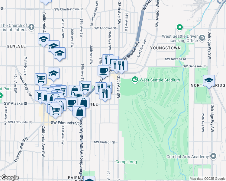 map of restaurants, bars, coffee shops, grocery stores, and more near 4600 36th Avenue Southwest in Seattle