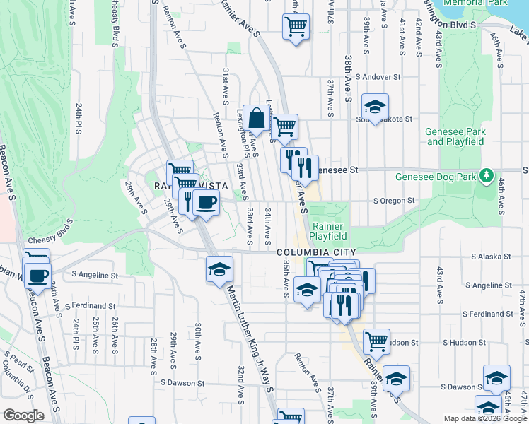 map of restaurants, bars, coffee shops, grocery stores, and more near 4513 34th Avenue South in Seattle