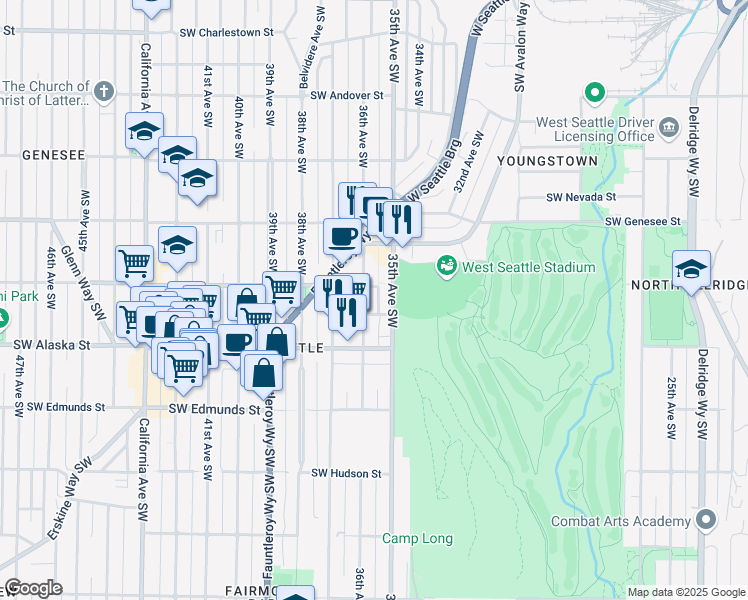 map of restaurants, bars, coffee shops, grocery stores, and more near 4600 36th Avenue Southwest in Seattle