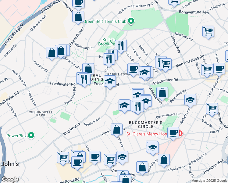 map of restaurants, bars, coffee shops, grocery stores, and more near 8 Grenfell Avenue in St. John's