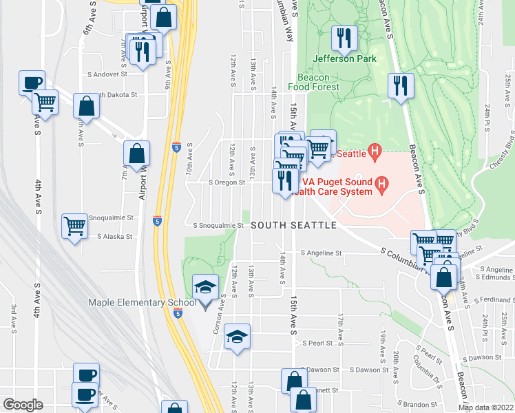map of restaurants, bars, coffee shops, grocery stores, and more near 4544 13th Avenue South in Seattle