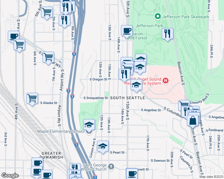 map of restaurants, bars, coffee shops, grocery stores, and more near 4544 13th Avenue South in Seattle