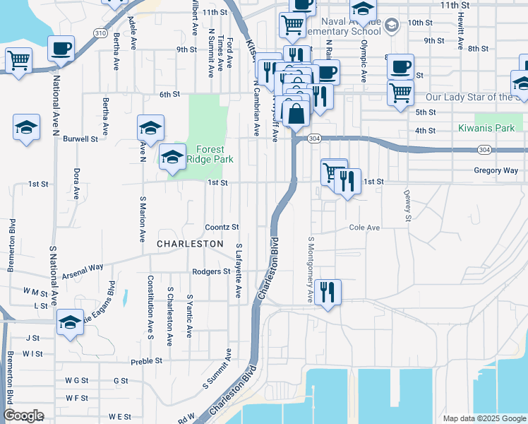 map of restaurants, bars, coffee shops, grocery stores, and more near 2812 Coontz Street in Bremerton