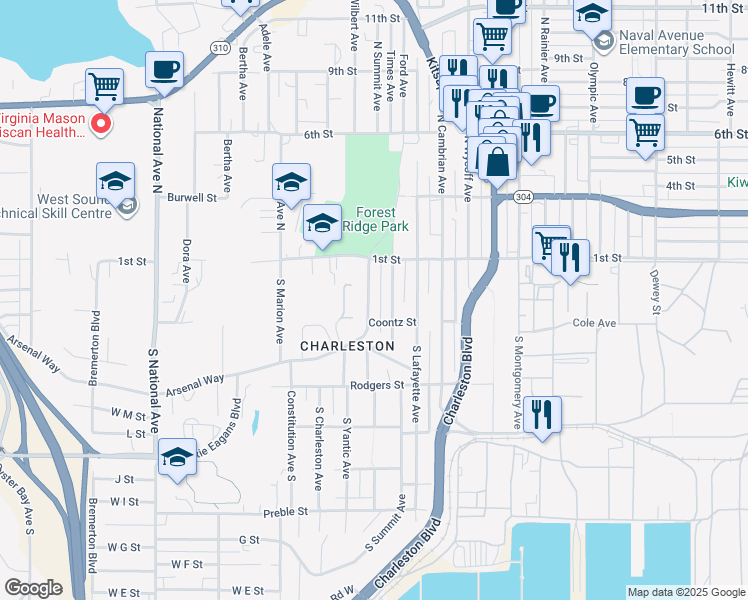 map of restaurants, bars, coffee shops, grocery stores, and more near 132 South Hartford Avenue in Bremerton