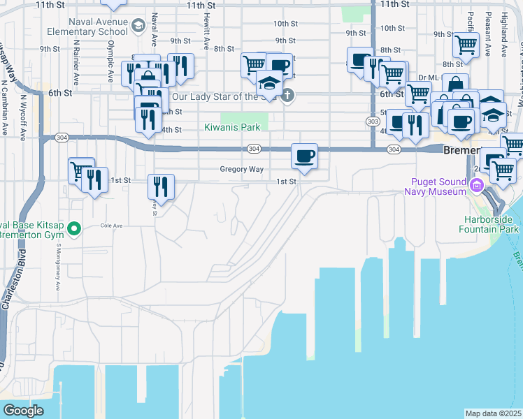 map of restaurants, bars, coffee shops, grocery stores, and more near Coghlan Street in Bremerton