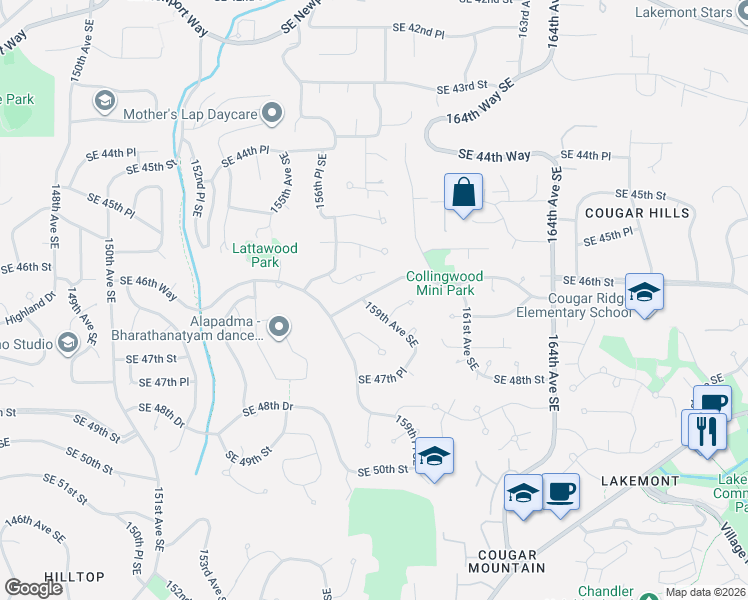 map of restaurants, bars, coffee shops, grocery stores, and more near 4604 159th Avenue Southeast in Bellevue