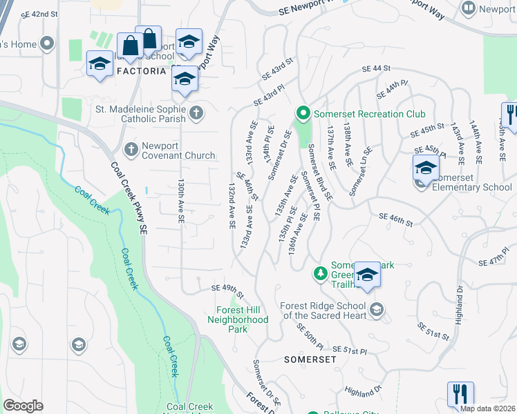 map of restaurants, bars, coffee shops, grocery stores, and more near 4615 135th Avenue Southeast in Bellevue