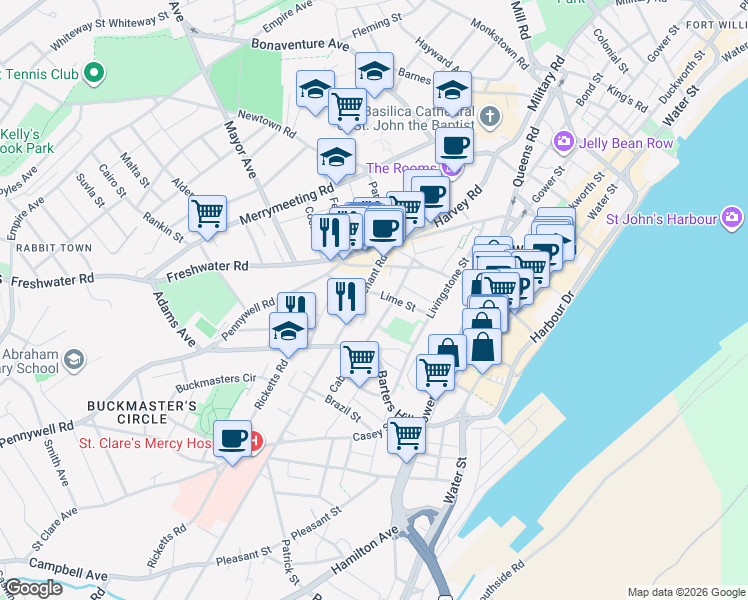 map of restaurants, bars, coffee shops, grocery stores, and more near 49 Lemarchant Road in St. John's
