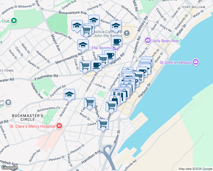 map of restaurants, bars, coffee shops, grocery stores, and more near 23 Goodview Street in St. John's